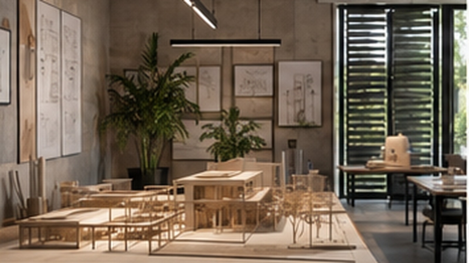 Architectural models, drawings and material studies in a studio